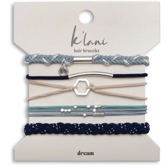 NWT K’Lani Dream Women's 5 Hair Ties/Bracelets with Natural & Blue Tones- Size M - Picture 1 of 5